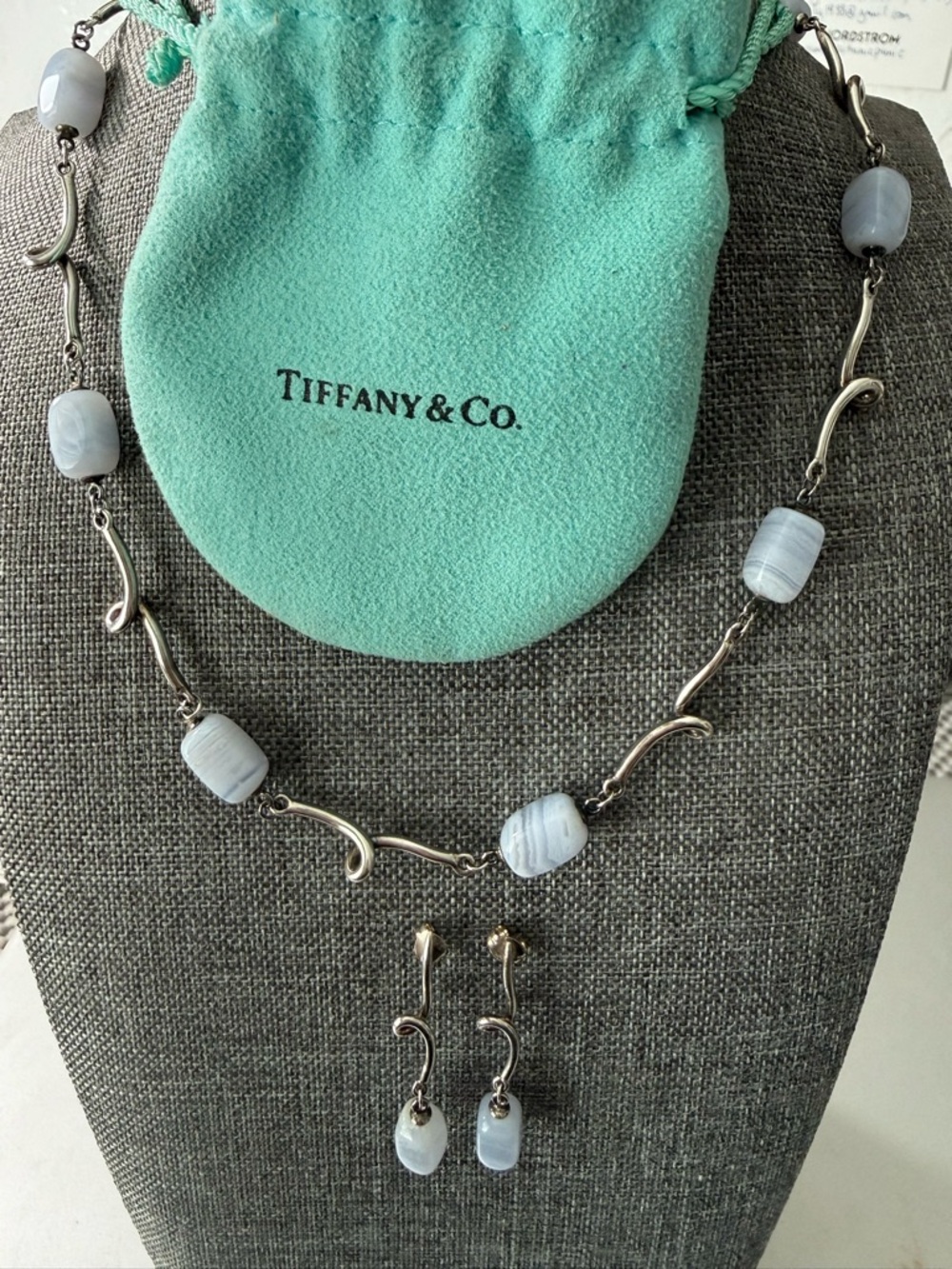 Tiffany blue lace agate chalcedony necklace 16” silver 925 authentic w/bag - Picture 8 of 11